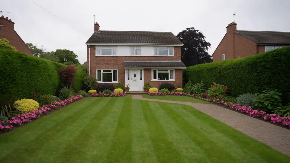 Finished garden with a striped lawn, flower borders and a path to the house
