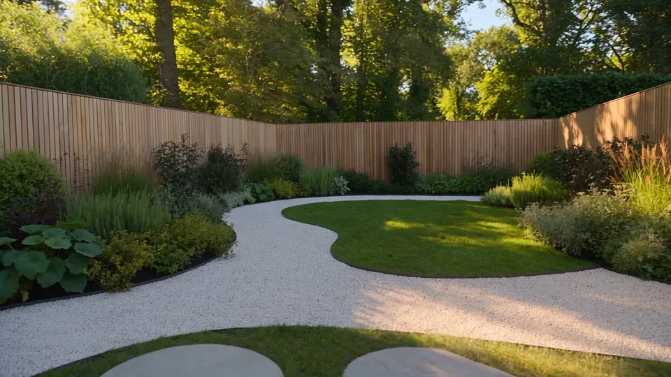Garden with a curved gravel path, lawn, planted borders and a timber fence