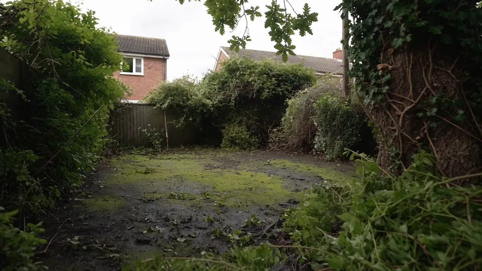 Overgrown garden before the renovation